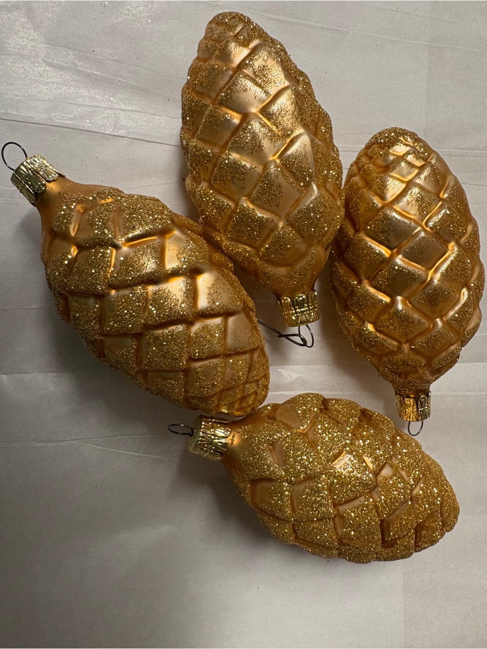 Vintage Bronze Gold Glitter Pinecone Holiday Ornaments - Set of 4